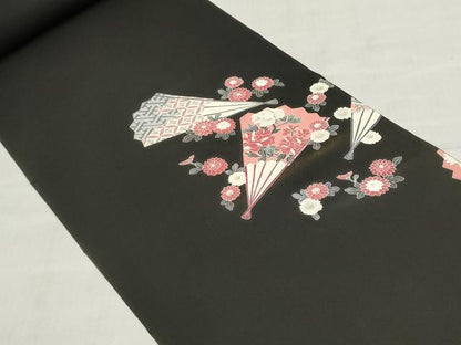 平和屋着物▼羽織・コート　反物　羽尺　扇花文　黒地　金彩　逸品　未使用　DABJ9778we