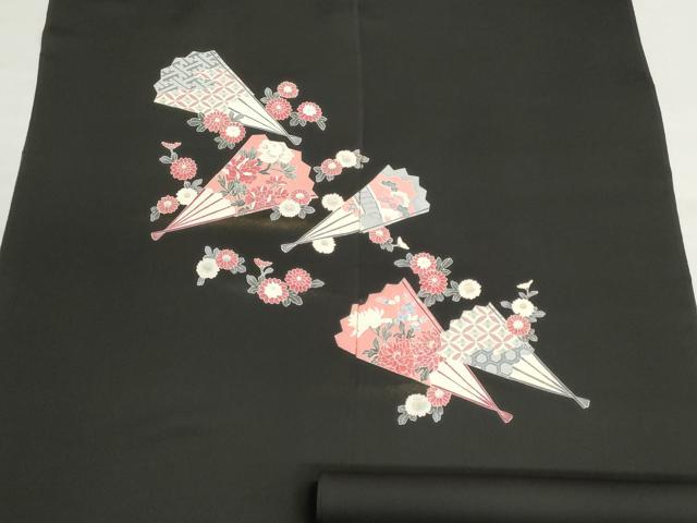 平和屋着物▼羽織・コート　反物　羽尺　扇花文　黒地　金彩　逸品　未使用　DABJ9778we