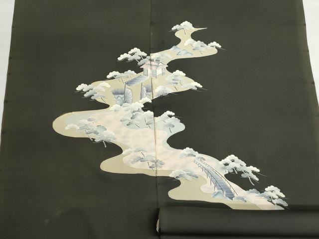 平和屋着物▼羽織・コート　反物　羽尺　風景松文　黒地　逸品　未使用　DABJ9779we
