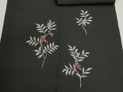 平和屋着物▼羽織・コート　反物　羽尺　刺繍　南天文　黒地　逸品　未使用　DABJ9780we