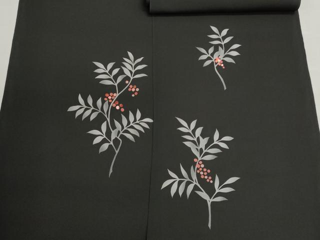 平和屋着物▼羽織・コート　反物　羽尺　刺繍　南天文　黒地　逸品　未使用　DABJ9780we