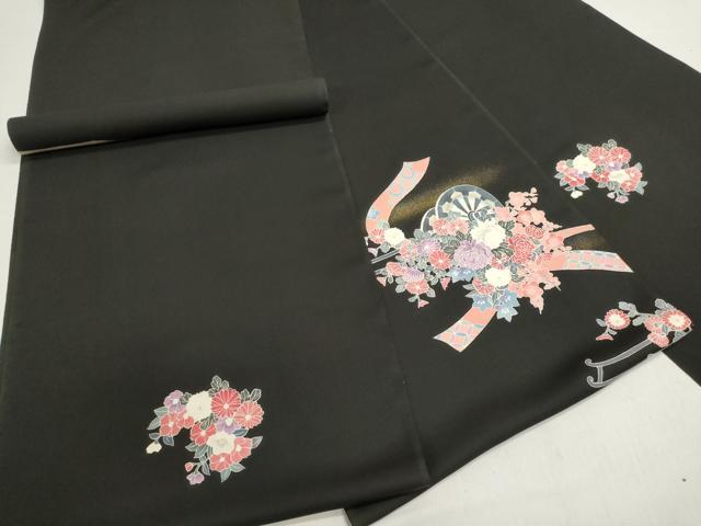 平和屋着物▼羽織・コート　反物　羽尺　花車文　黒地　金彩　逸品　未使用　DABJ9781we