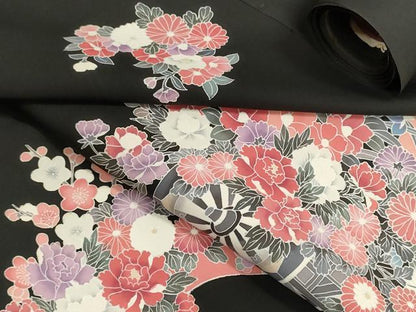 平和屋着物▼羽織・コート　反物　羽尺　花車文　黒地　金彩　逸品　未使用　DABJ9781we