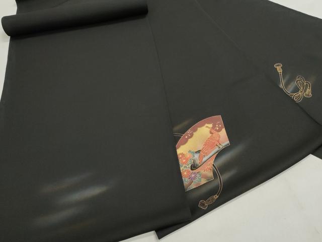 平和屋着物▼羽織・コート　反物　羽尺　地紙風景花鳥文　黒地　金彩　逸品　未使用　DABJ9784we