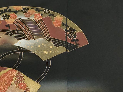 平和屋着物▼羽織・コート　反物　羽尺　地紙風景花鳥文　黒地　金彩　逸品　未使用　DABJ9784we
