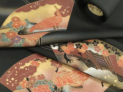 平和屋着物▼羽織・コート　反物　羽尺　地紙風景花鳥文　黒地　金彩　逸品　未使用　DABJ9784we