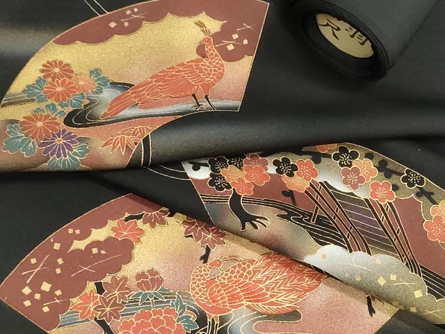 平和屋着物▼羽織・コート　反物　羽尺　地紙風景花鳥文　黒地　金彩　逸品　未使用　DABJ9784we