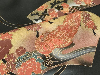 平和屋着物▼羽織・コート　反物　羽尺　地紙風景花鳥文　黒地　金彩　逸品　未使用　DABJ9784we