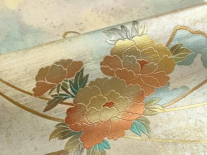 平和屋着物▼西陣　名古屋帯　帯反物　扇面花文　金銀彩　引箔　証紙付き　逸品　未使用　DABJ9795we