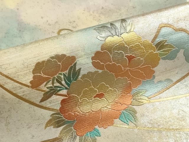 平和屋着物▼西陣　名古屋帯　帯反物　扇面花文　金銀彩　引箔　証紙付き　逸品　未使用　DABJ9795we