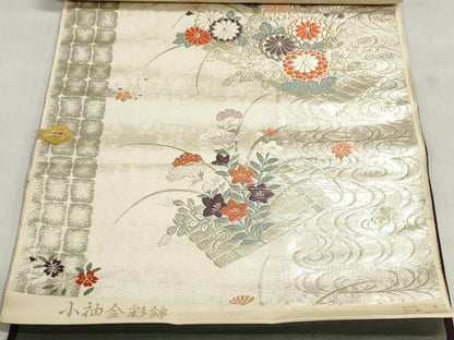 平和屋着物▼西陣　名古屋帯　帯反物　小袖金彩錦　花筏文　金糸　証紙付き　逸品　未使用　DABJ9805we