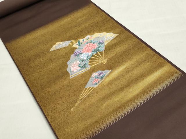 平和屋着物▼西陣　木原織物謹製　名古屋帯　帯反物　扇面花文　金糸　引箔　証紙付き　逸品　未使用　DABJ9827we
