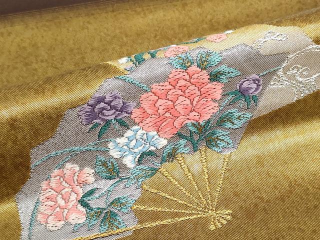 平和屋着物▼西陣　木原織物謹製　名古屋帯　帯反物　扇面花文　金糸　引箔　証紙付き　逸品　未使用　DABJ9827we