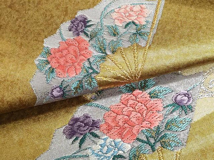 平和屋着物▼西陣　木原織物謹製　名古屋帯　帯反物　扇面花文　金糸　引箔　証紙付き　逸品　未使用　DABJ9827we