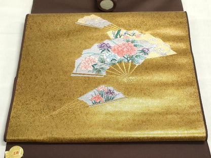 平和屋着物▼西陣　木原織物謹製　名古屋帯　帯反物　扇面花文　金糸　引箔　証紙付き　逸品　未使用　DABJ9827we