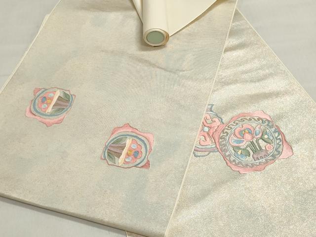 平和屋着物▼名古屋帯　帯反物　総刺繍　草花丸文　逸品　未使用　DABJ9837we