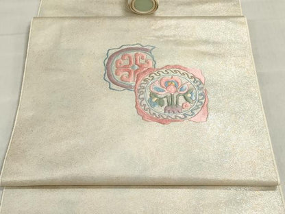 平和屋着物▼名古屋帯　帯反物　総刺繍　草花丸文　逸品　未使用　DABJ9837we