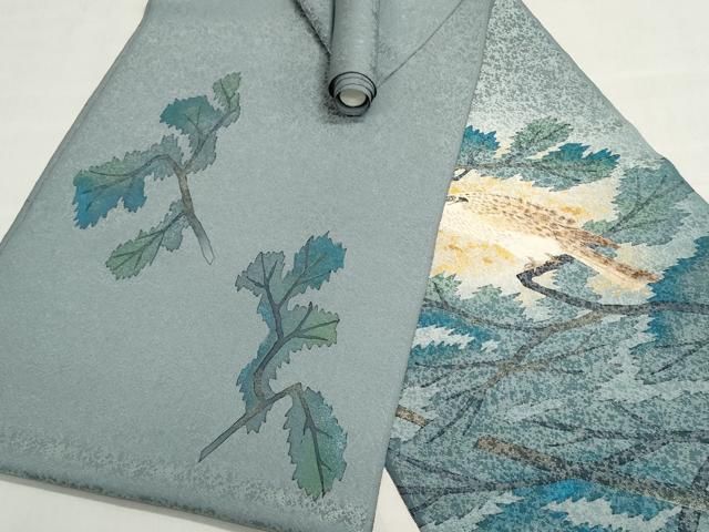平和屋着物●名古屋帯　帯反物　作家物　鷹　鷲　枝に休み鳥　銀通し地　逸品　未使用　DABJ9888we