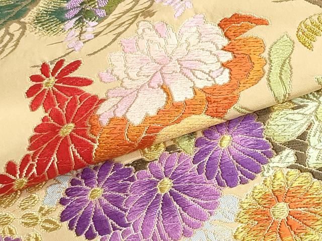 平和屋着物●両方向　全通柄袋帯　帯反物　唐織　飛鶴花車文　金糸　逸品　未使用　DABJ9944we