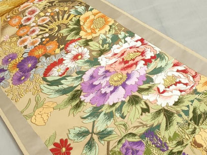 平和屋着物●両方向　全通柄袋帯　帯反物　唐織　飛鶴花車文　金糸　逸品　未使用　DABJ9944we