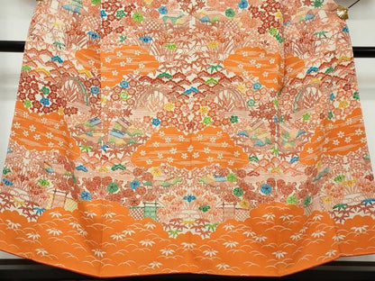 平和屋着物●訪問着　型染め　風景草花文　正絹　逸品　DABK0002ud