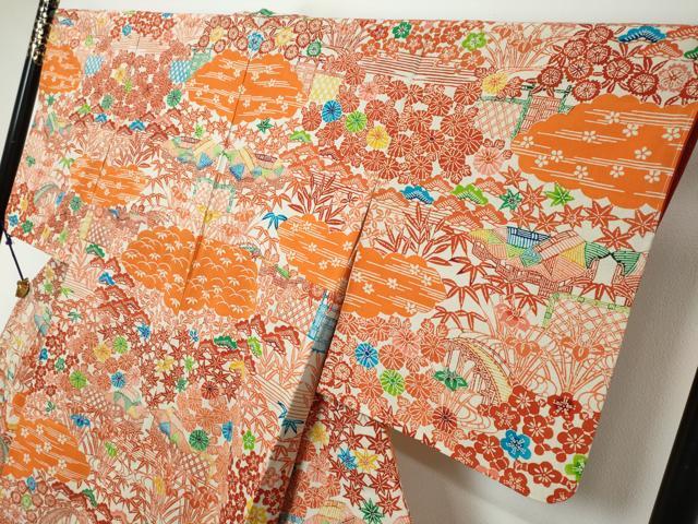 平和屋着物●訪問着　型染め　風景草花文　正絹　逸品　DABK0002ud