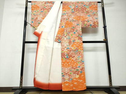 平和屋着物●訪問着　型染め　風景草花文　正絹　逸品　DABK0002ud