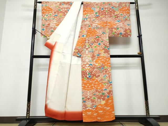 平和屋着物●訪問着　型染め　風景草花文　正絹　逸品　DABK0002ud