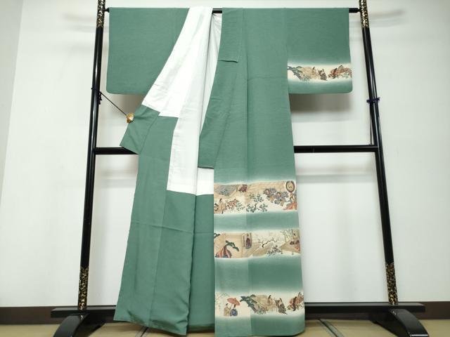 平和屋着物●友禅師・京の名工・伝統工芸士・樽本伊勢蔵　訪問着　横段平安人物文　暈し染め　金彩　正絹　逸品　DABK0007ud