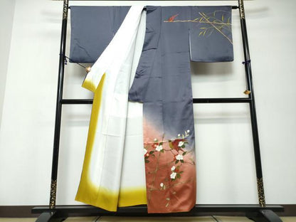 平和屋着物●二代目清次郎　手描き　訪問着　花鳥文　暈し染め　金彩　正絹　逸品　DABK0011ud