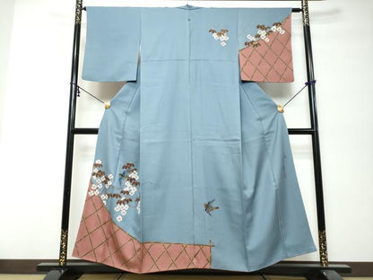 平和屋着物●二代目清次郎　手描き　訪問着　花鳥文　金彩　正絹　逸品　DABK0012ud