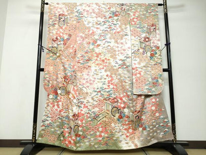 平和屋着物●豪華振袖　駒刺繍　御所車草花文　暈し染め　金彩　正絹　逸品　DABK0013ud