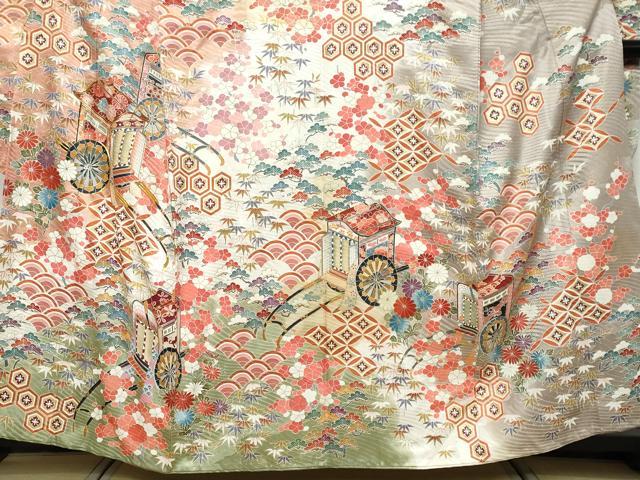 平和屋着物●豪華振袖　駒刺繍　御所車草花文　暈し染め　金彩　正絹　逸品　DABK0013ud