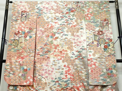 平和屋着物●豪華振袖　駒刺繍　御所車草花文　暈し染め　金彩　正絹　逸品　DABK0013ud