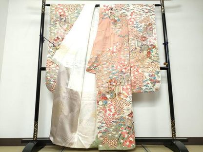 平和屋着物●豪華振袖　駒刺繍　御所車草花文　暈し染め　金彩　正絹　逸品　DABK0013ud