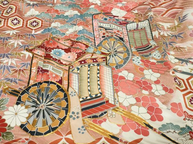 平和屋着物●豪華振袖　駒刺繍　御所車草花文　暈し染め　金彩　正絹　逸品　DABK0013ud