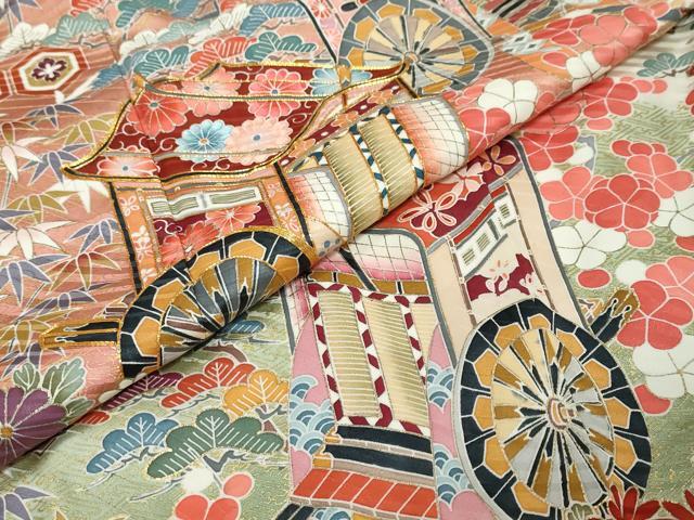平和屋着物●豪華振袖　駒刺繍　御所車草花文　暈し染め　金彩　正絹　逸品　DABK0013ud