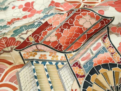 平和屋着物●豪華振袖　駒刺繍　御所車草花文　暈し染め　金彩　正絹　逸品　DABK0013ud