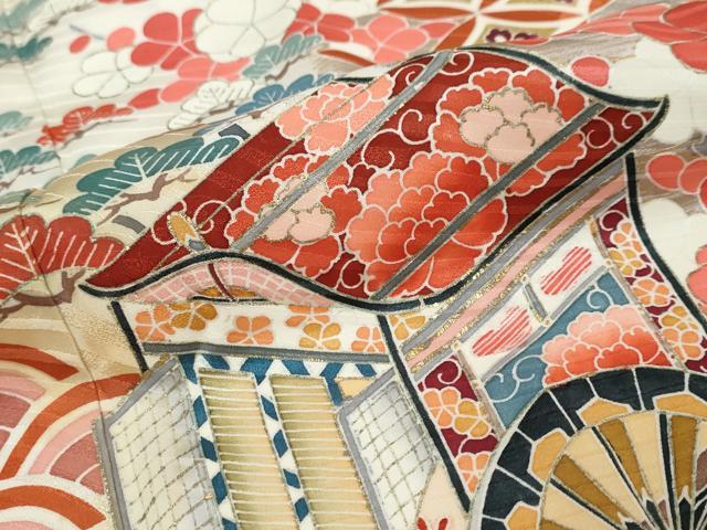 平和屋着物●豪華振袖　駒刺繍　御所車草花文　暈し染め　金彩　正絹　逸品　DABK0013ud