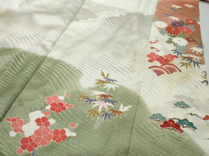 平和屋着物●豪華振袖　駒刺繍　御所車草花文　暈し染め　金彩　正絹　逸品　DABK0013ud