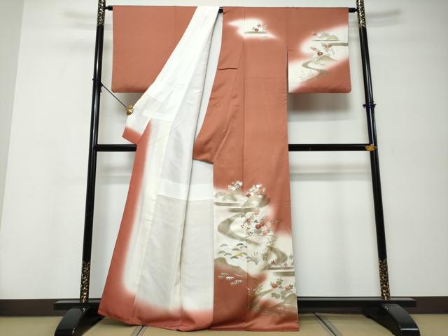平和屋着物●訪問着　流水草花籬文　暈し染め　金銀彩　正絹　逸品　DABK0021ud
