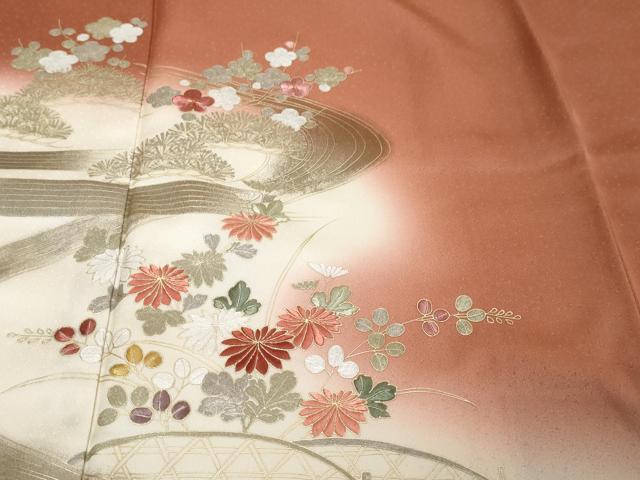 平和屋着物●訪問着　流水草花籬文　暈し染め　金銀彩　正絹　逸品　DABK0021ud