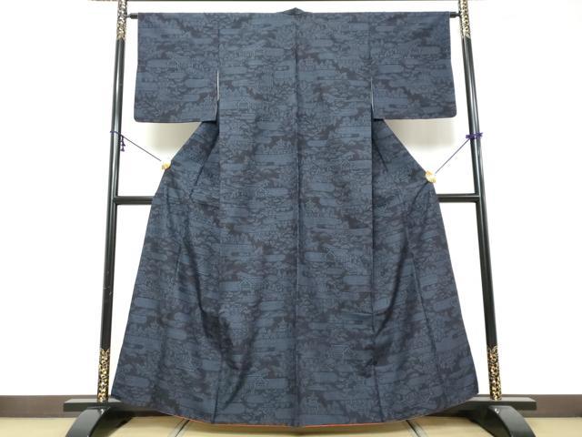 平和屋着物●結城紬　80亀甲　エ霞風景文　やまと誂製　正絹　逸品　DABK0027ud