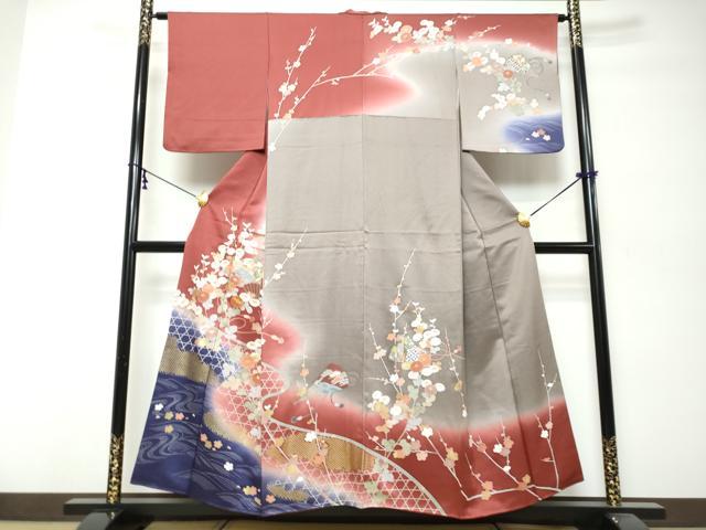 平和屋着物●訪問着　駒刺繍　扇面草花籬文　暈し染め　金銀彩　正絹　逸品　DABK0029ud