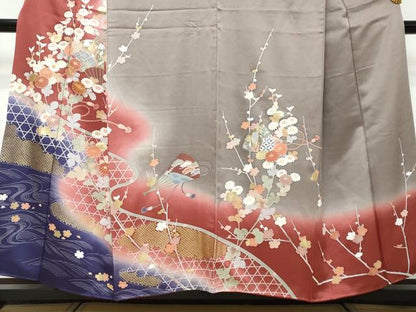 平和屋着物●訪問着　駒刺繍　扇面草花籬文　暈し染め　金銀彩　正絹　逸品　DABK0029ud