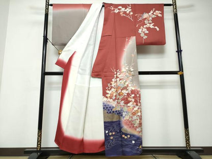 平和屋着物●訪問着　駒刺繍　扇面草花籬文　暈し染め　金銀彩　正絹　逸品　DABK0029ud