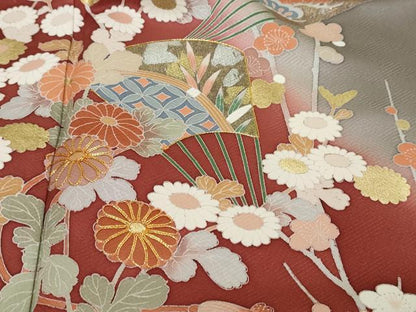 平和屋着物●訪問着　駒刺繍　扇面草花籬文　暈し染め　金銀彩　正絹　逸品　DABK0029ud