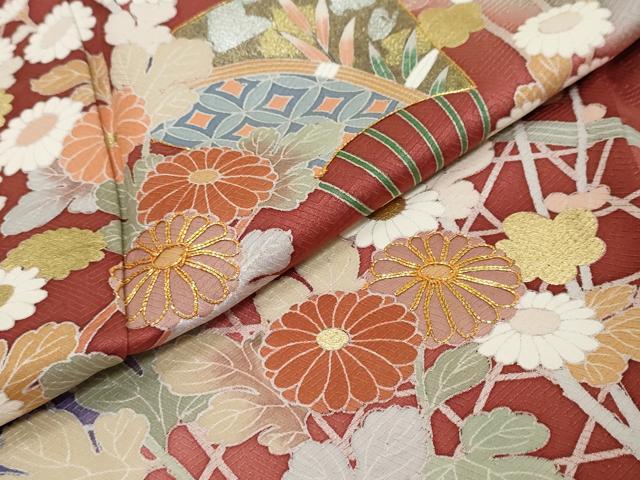 平和屋着物●訪問着　駒刺繍　扇面草花籬文　暈し染め　金銀彩　正絹　逸品　DABK0029ud