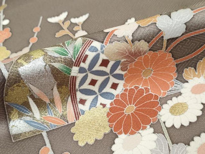 平和屋着物●訪問着　駒刺繍　扇面草花籬文　暈し染め　金銀彩　正絹　逸品　DABK0029ud