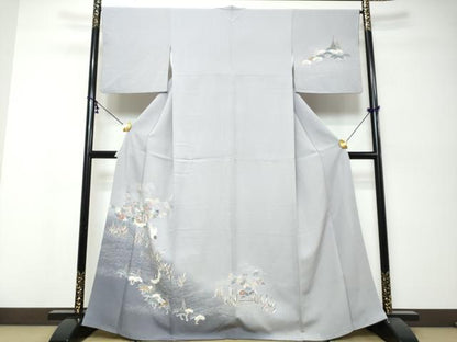 平和屋着物●訪問着　流水飛鶴草花文　暈し染め　金彩　正絹　逸品　DABK0042ud